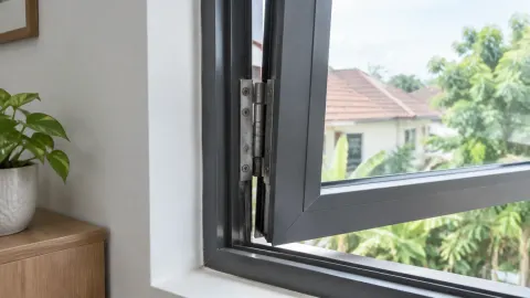 Detail engsel pada jendela hitam yang terbuka
