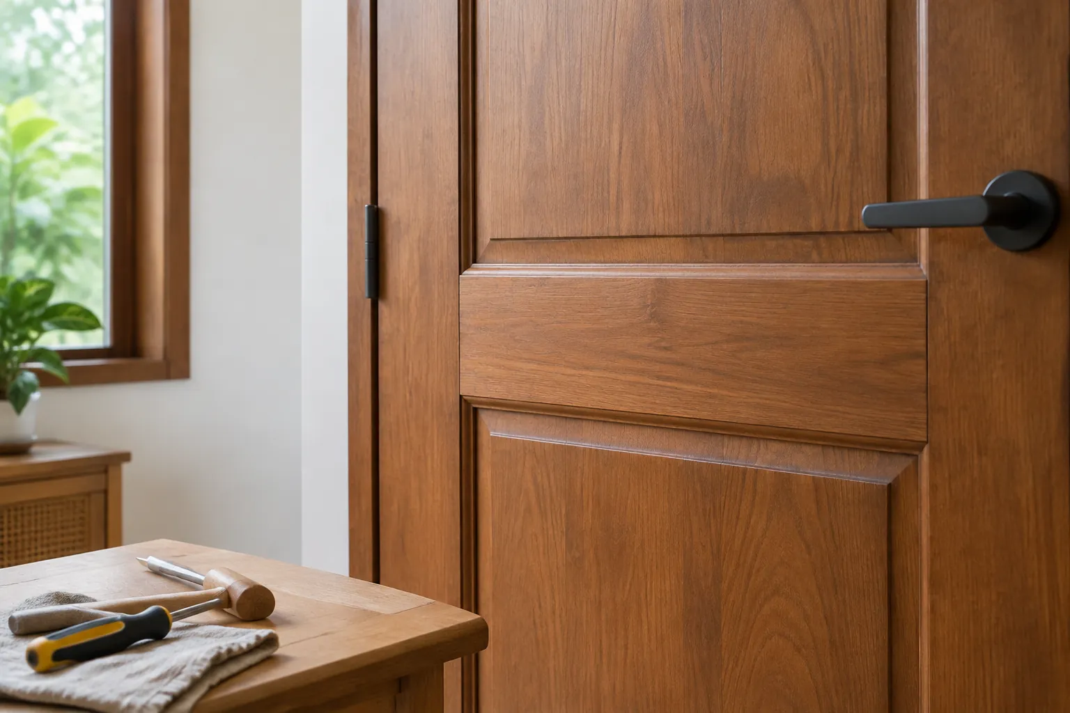 Detail gagang hitam dan panel pintu kayu
