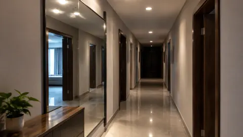 Lorong panjang dengan lampu plafon dan pintu di kedua sisi