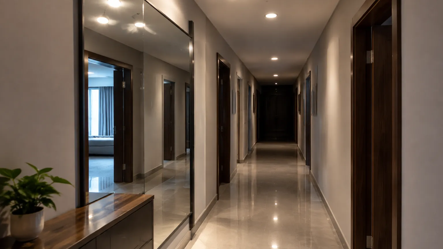 Lorong panjang dengan lampu plafon dan pintu di kedua sisi