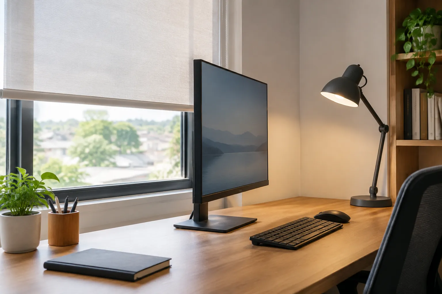 Monitor kerja dekat jendela dengan tirai dan lampu meja