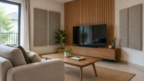 Ruang tamu dengan panel dinding di belakang televisi