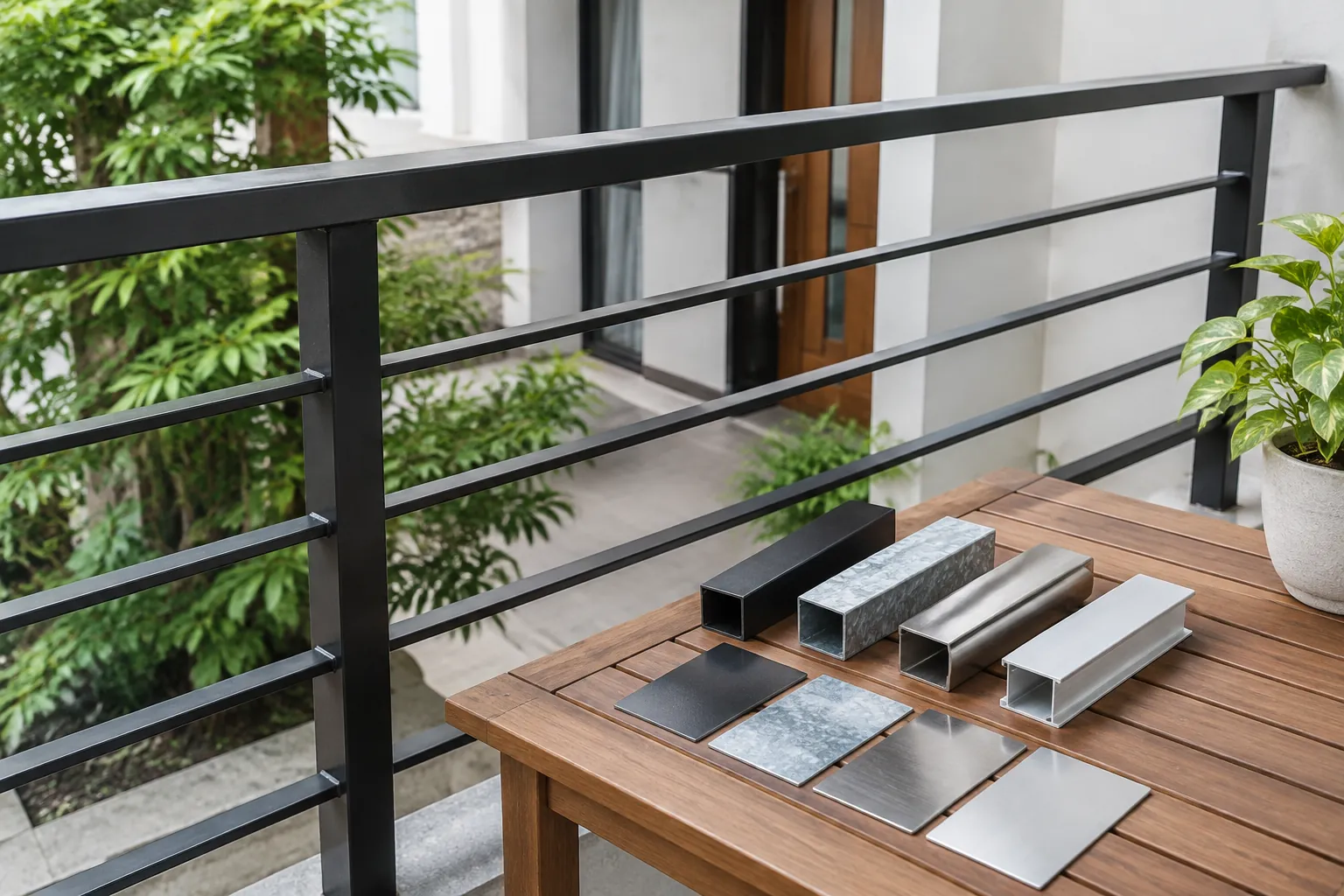 Contoh logam dan warna finishing ditata di dekat pagar balkon