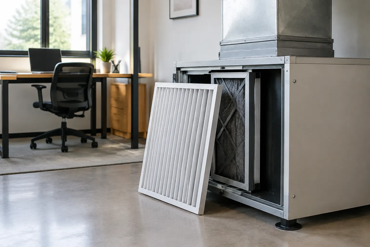 Filter ventilasi terbuka dan sebuah filter pengganti disiapkan di lantai
