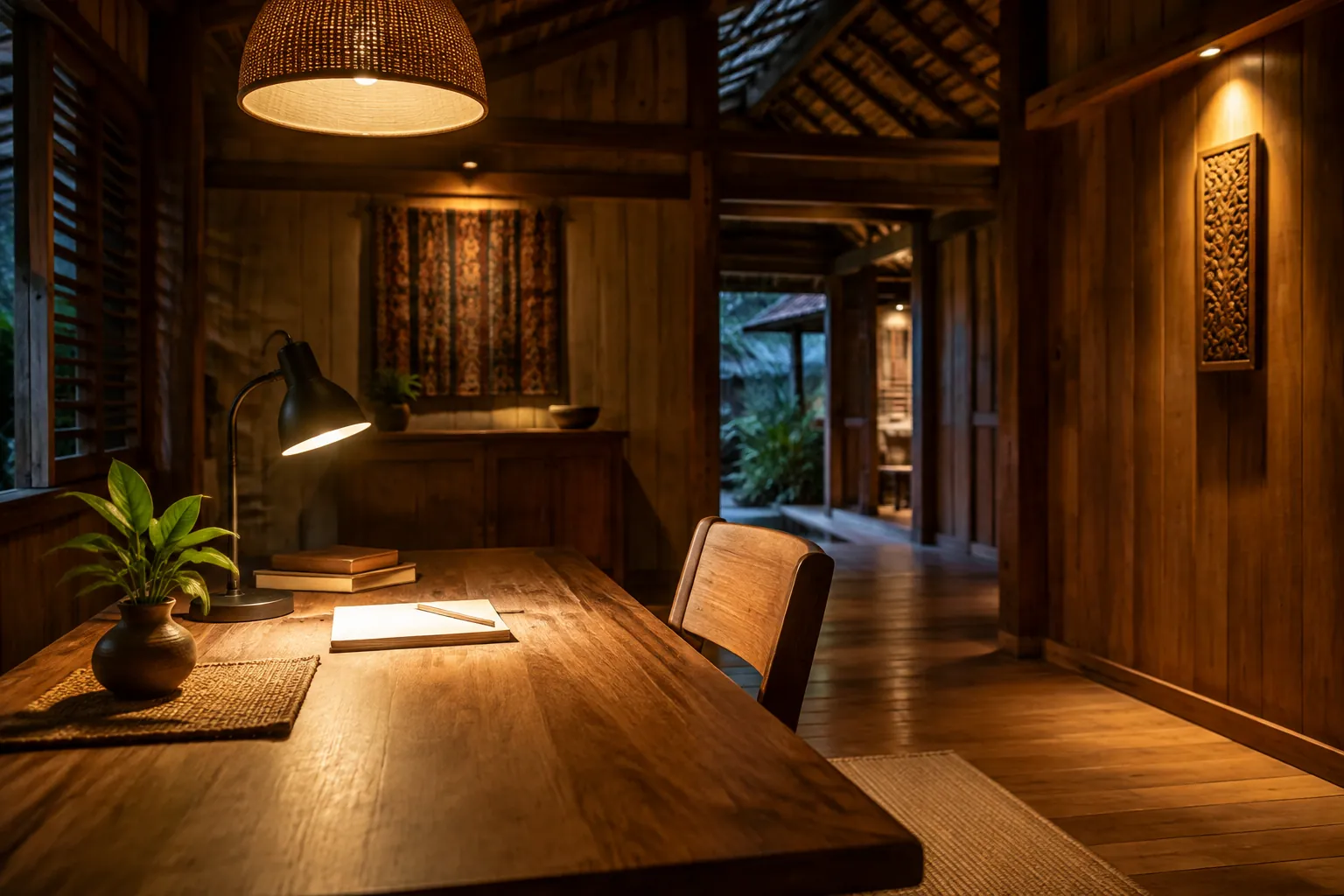 Meja kayu rumah tradisional diterangi lampu gantung