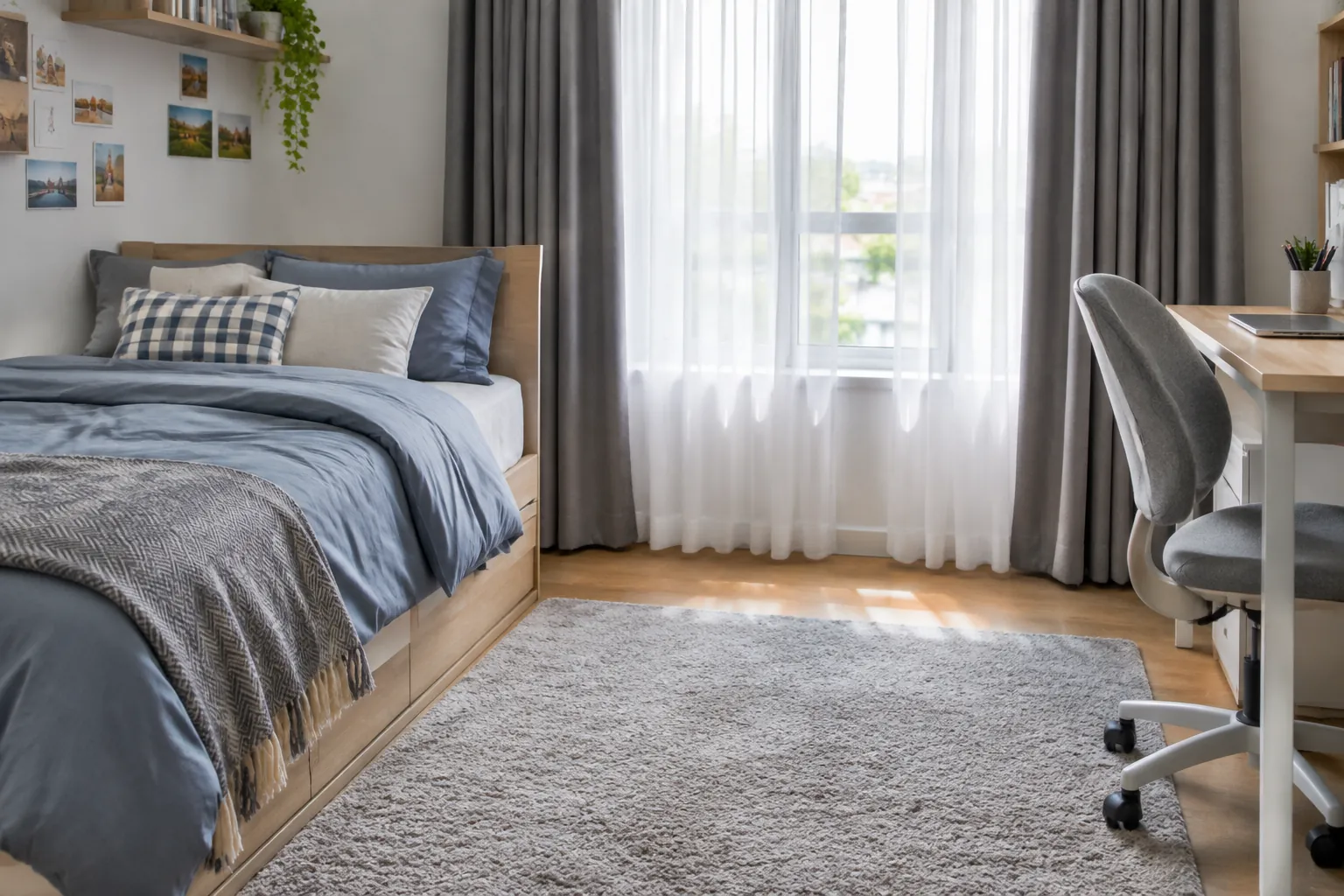 Kamar remaja dengan karpet, tirai, dan kursi belajar