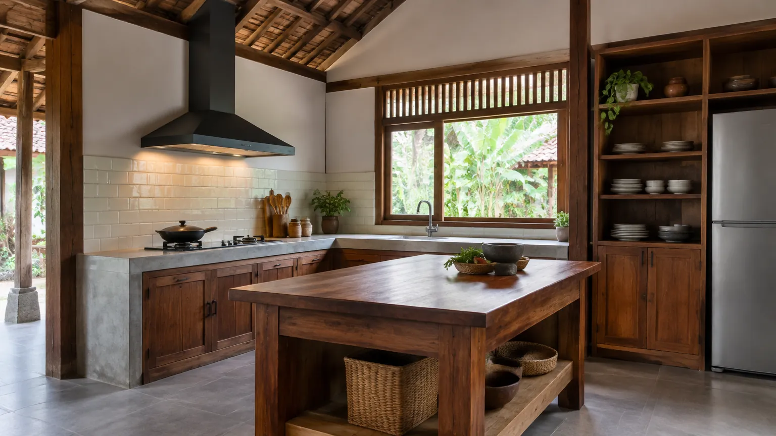 Dapur rumah tradisional dengan tiang kayu, meja tengah, dan atap terbuka
