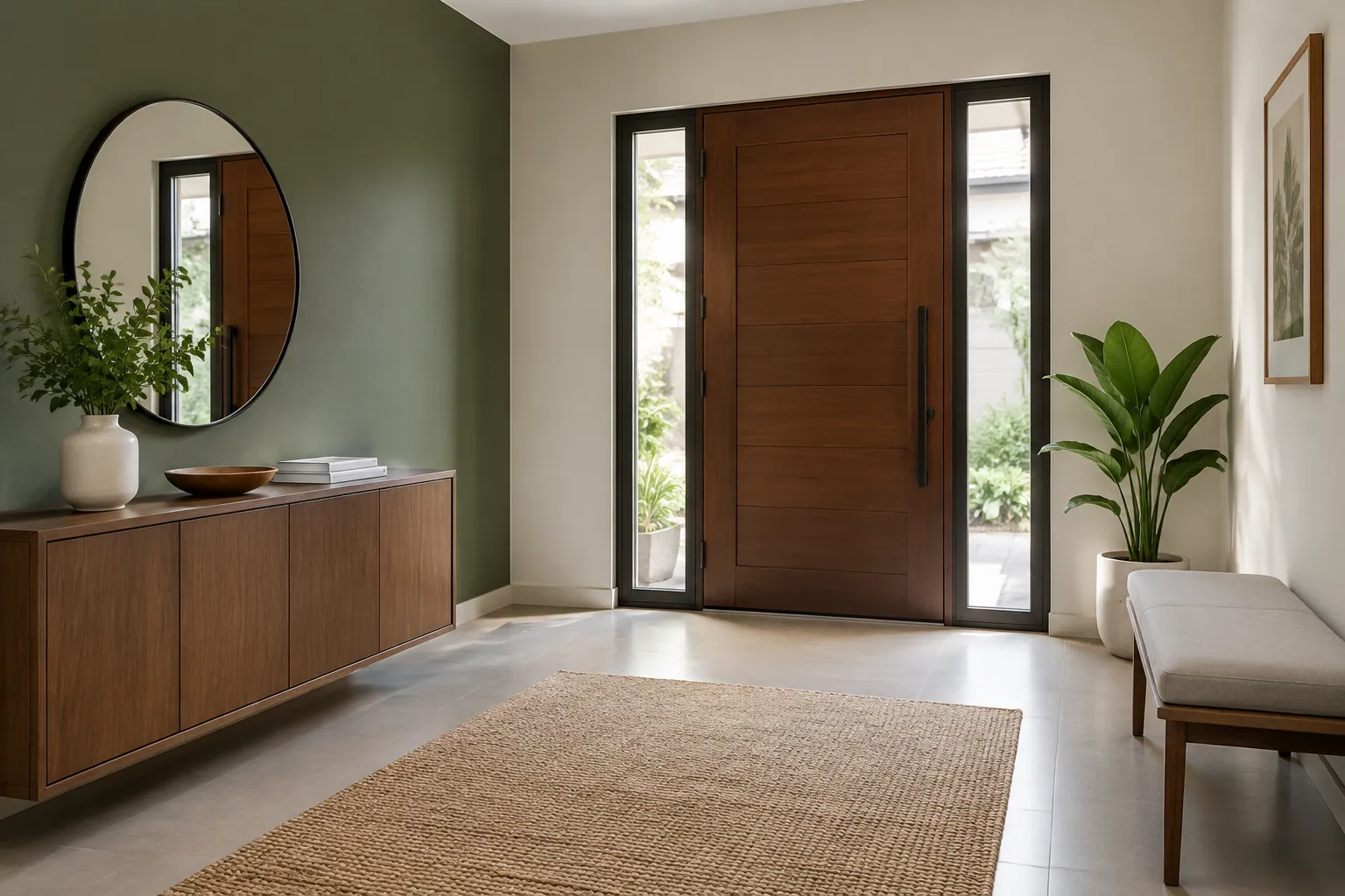 Foyer dengan pintu kayu dan kabinet sederhana