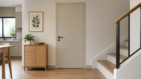 Pintu sederhana di samping tangga dalam rumah kecil