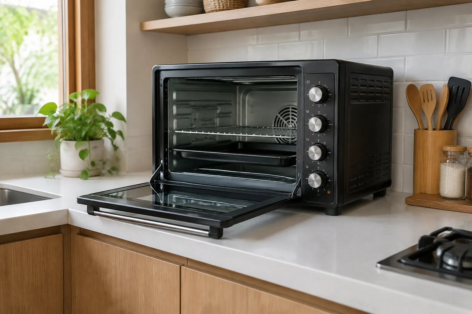 Oven kecil di meja dapur dengan pintunya terbuka