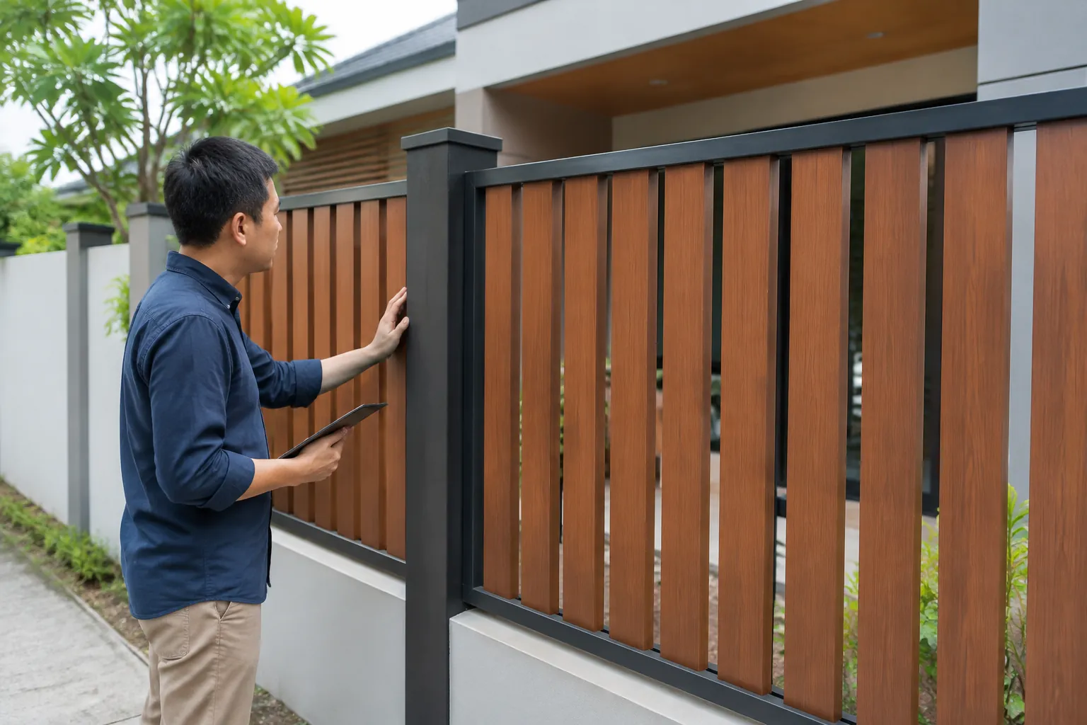 Seseorang mengamati pagar logam dan gerbang rumah
