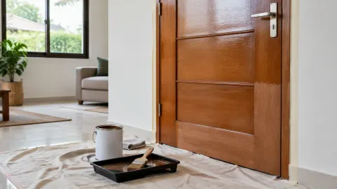 Pintu kayu yang sedang diberi lapisan finishing
