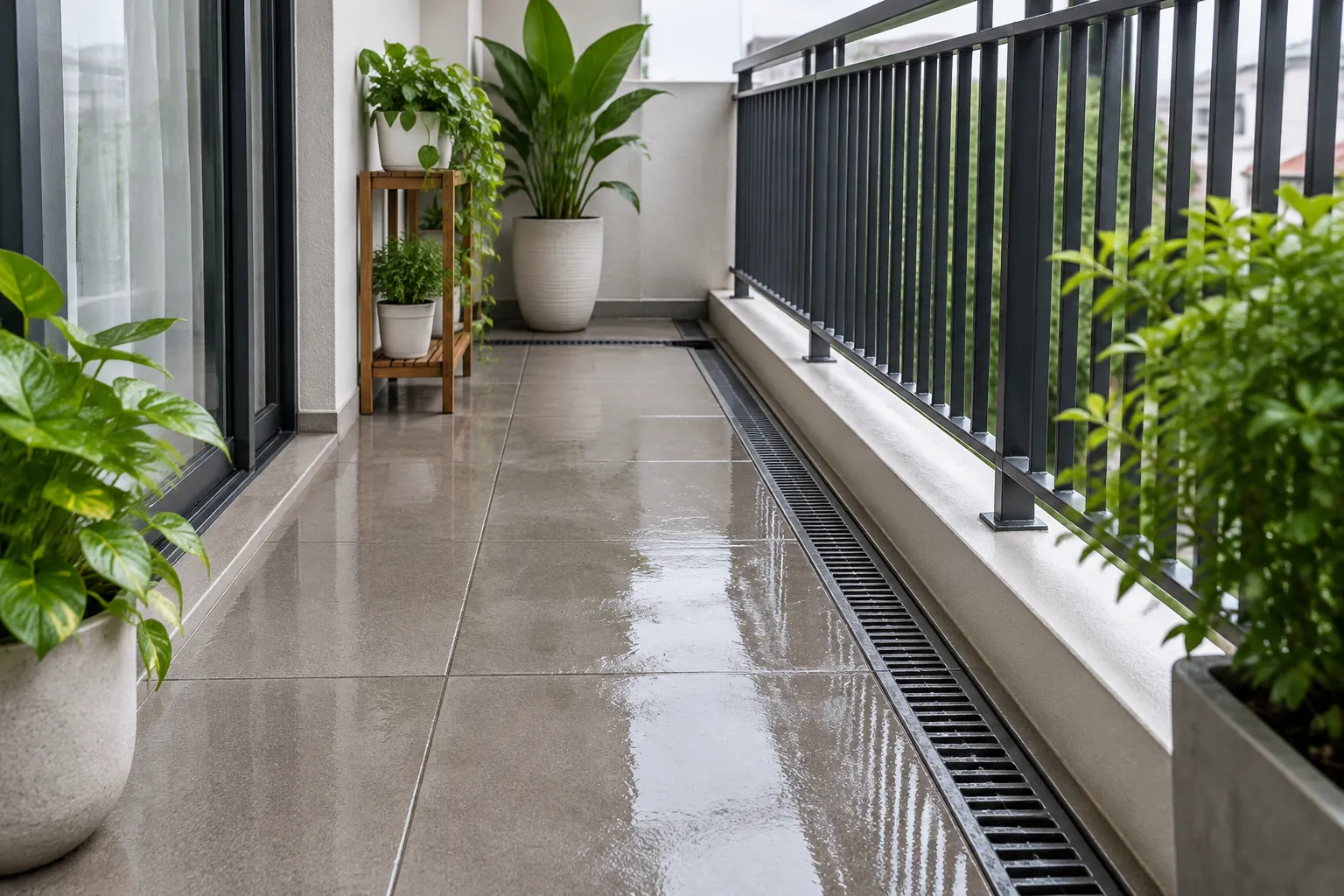 Saluran memanjang di tepi lantai balkon