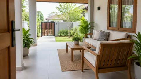 Sofa, kursi, dan meja membentuk area duduk di teras