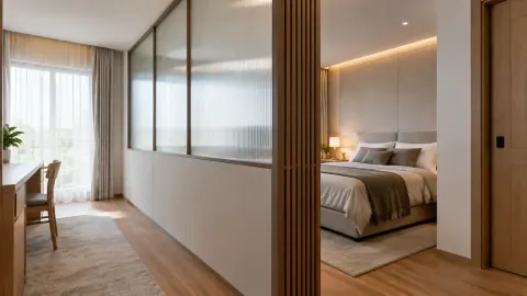 Partisi kayu dan kaca membatasi ruang tidur
