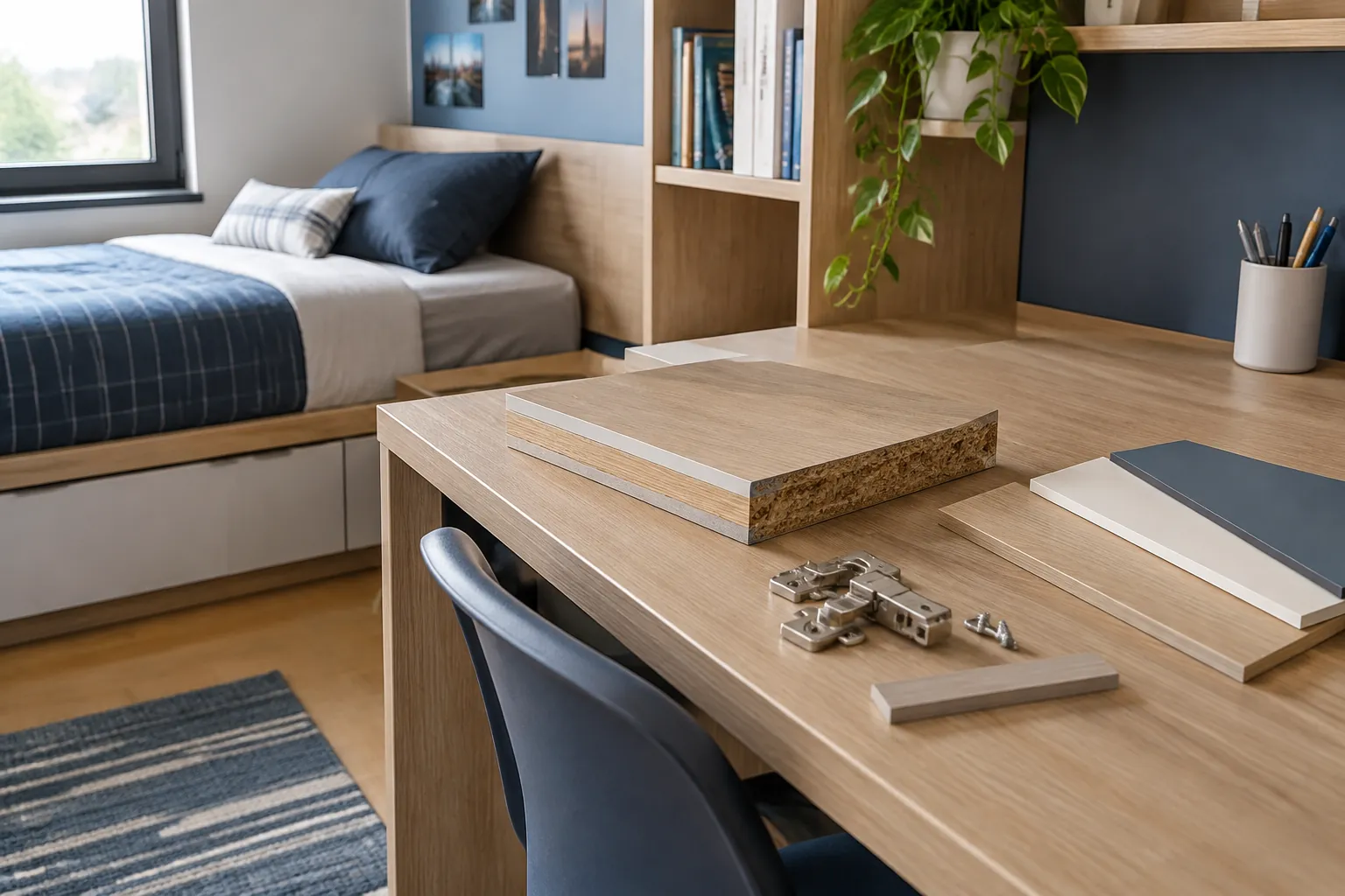 Sampel papan dan bahan furnitur di kamar remaja