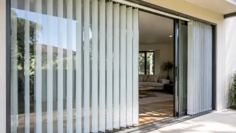 Vertical blind putih di depan pintu kaca lebar