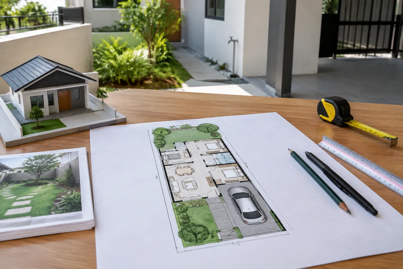 Denah rumah dan halaman digambar di atas meja kerja