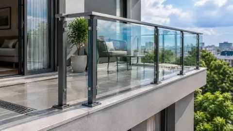 Railing kaca di tepi balkon tinggi terbuka