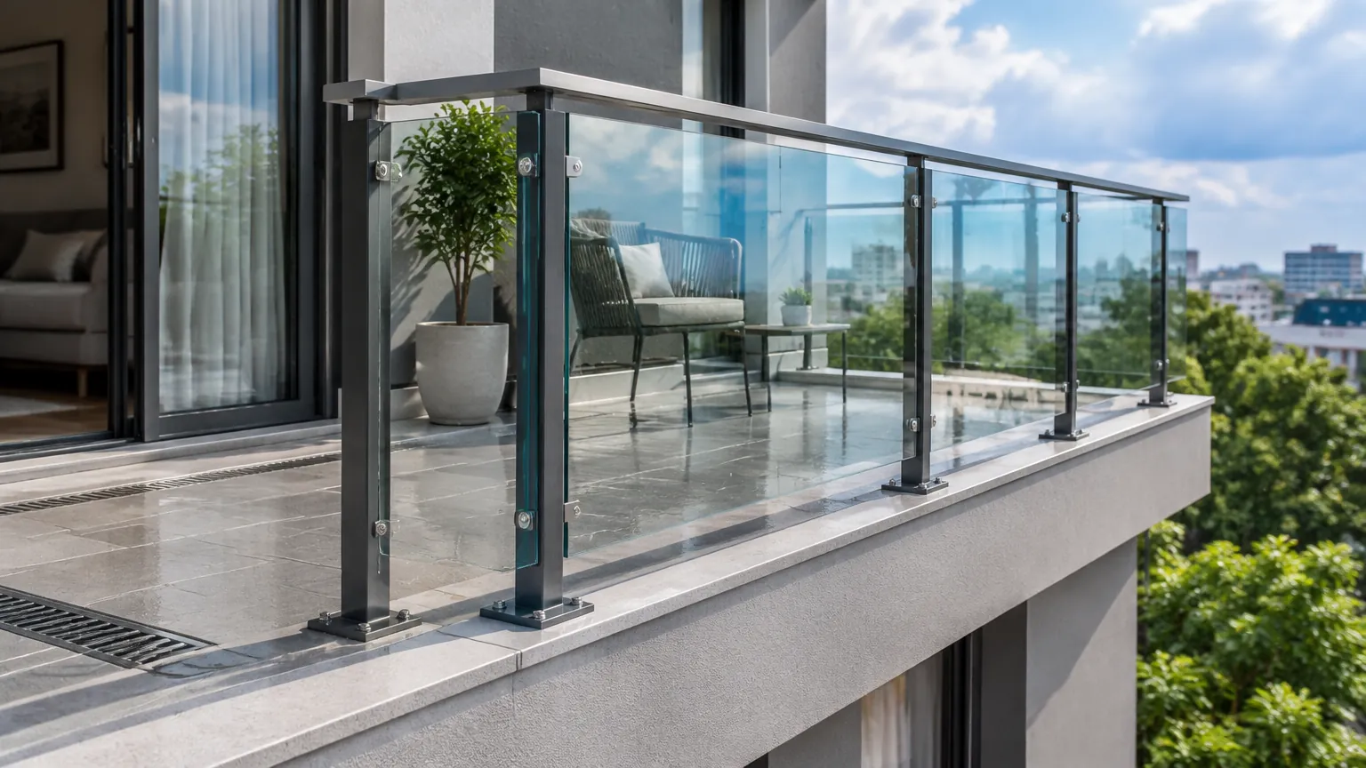 Railing kaca di tepi balkon tinggi terbuka
