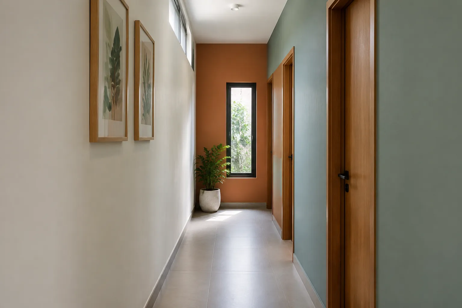 Lorong sempit dengan dinding aksen hijau di dekat pintu