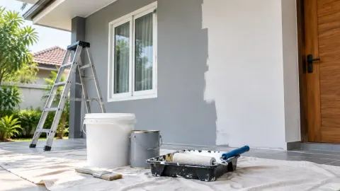 Peralatan cat disiapkan di depan dinding luar rumah yang sebagian dicat