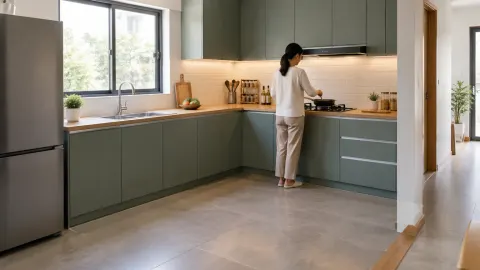 Penghuni bekerja pada kitchen set berbentuk L
