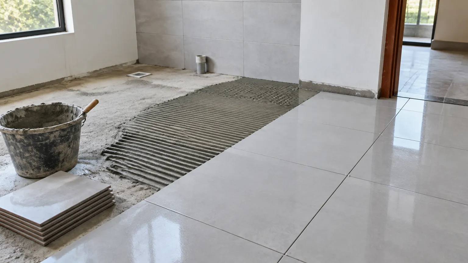 Pemasangan keramik lantai yang sebagian telah selesai