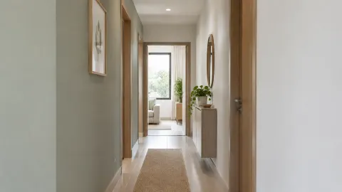Lorong rumah kecil dengan dinding terang dan pintu kayu