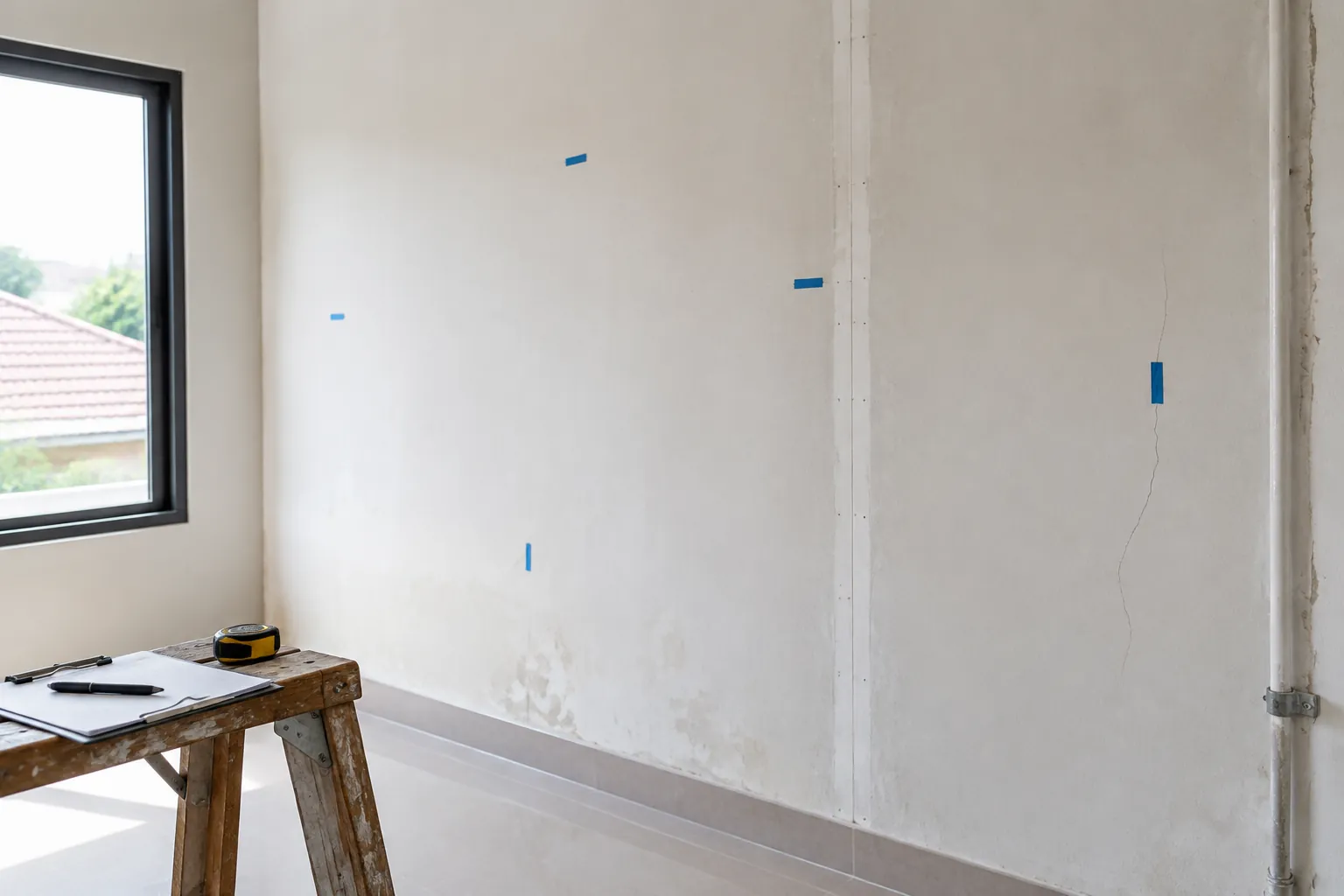 Dinding rumah dengan tambalan dan tanda sebelum finishing