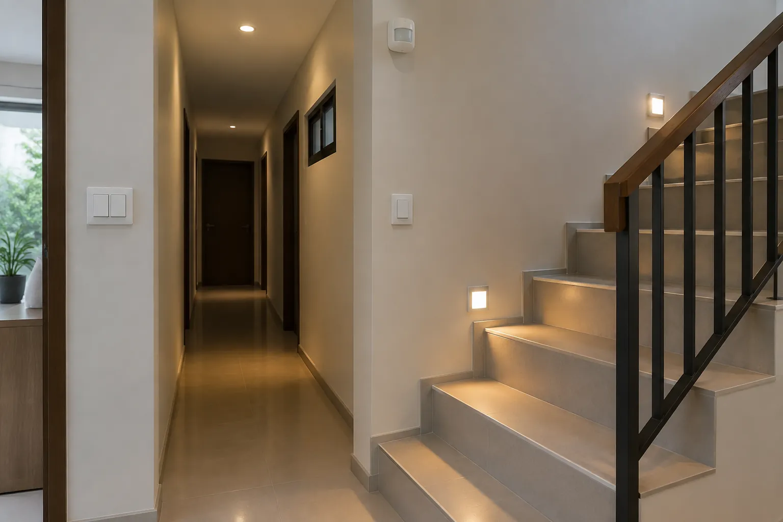 Saklar dan lampu kecil di persimpangan lorong dan tangga