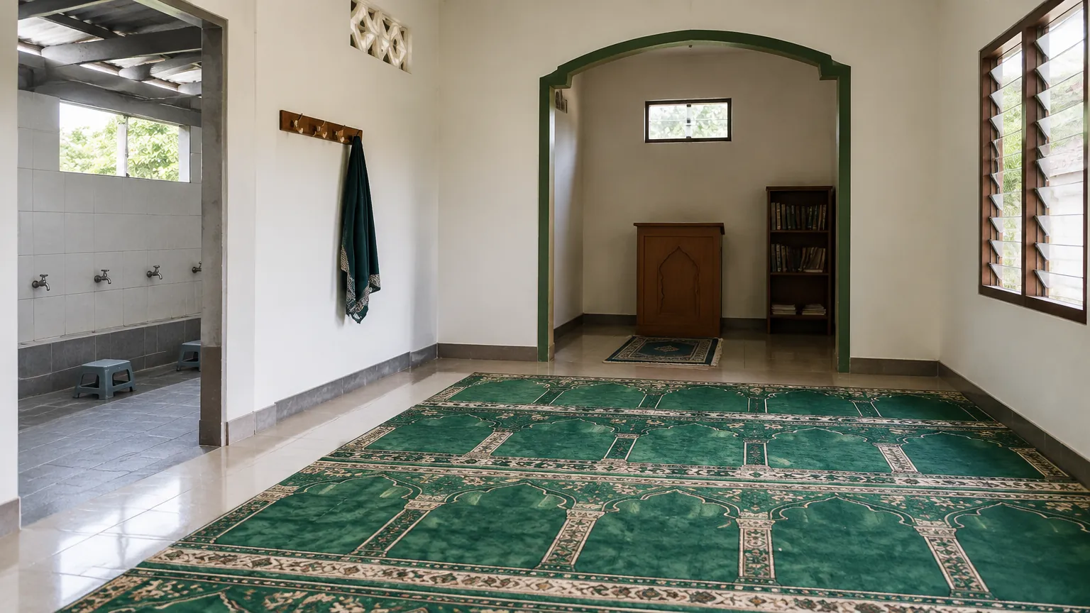 Ruang musala berkarpet dengan area wudu di sisinya