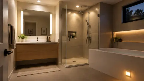 Kamar mandi dengan lampu cermin dan lampu aksen