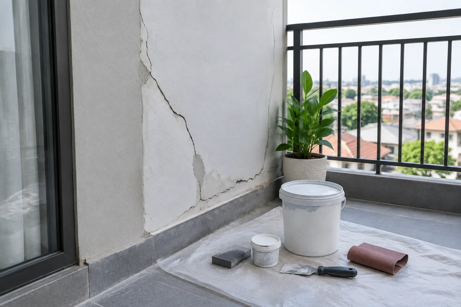 Dinding balkon yang retak dengan bahan perbaikan di dekatnya.