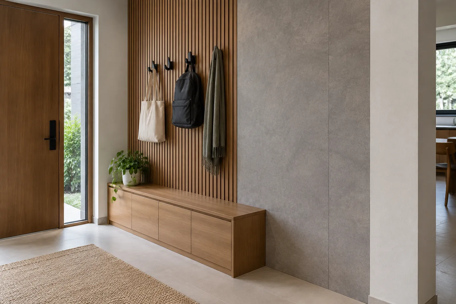 Foyer dengan panel kayu dan dinding berpermukaan batu