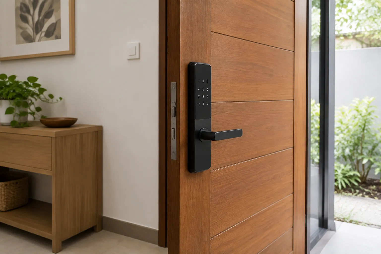 Papan tombol kunci digital berada di sisi luar pintu masuk