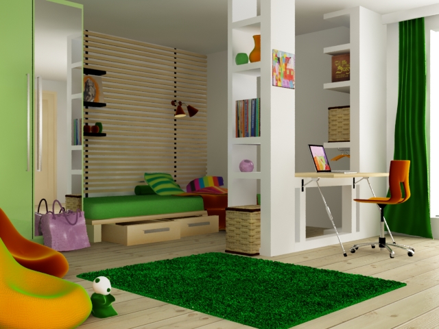 skema warna desain interior, kombinasi hijau dan oranye yang soft