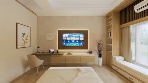 kamar tidur modern dengan backdrop televisi