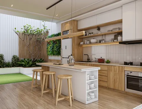 interior dapur minimalis dengan meja dapur kayu