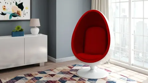 Kursi merah berbentuk telur di dekat jendela ruang duduk.
