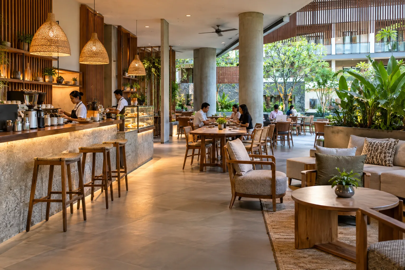 Interior kafe hotel dengan suasana hangat