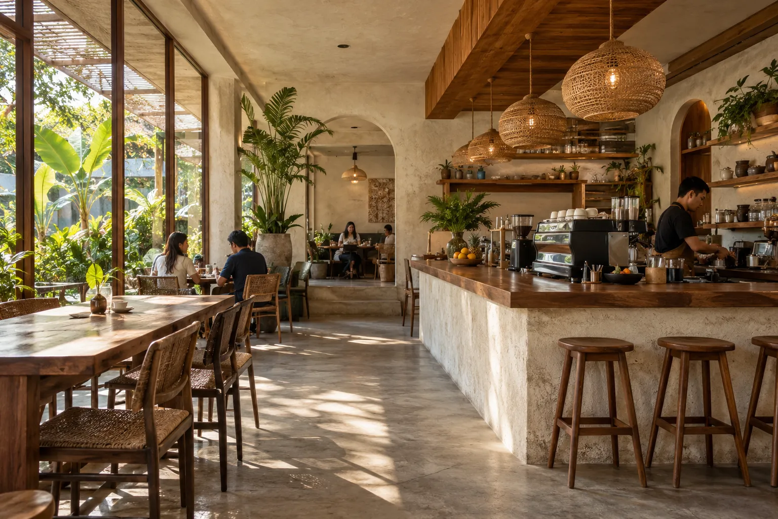 Interior restoran tropis dengan material kayu dan tanaman