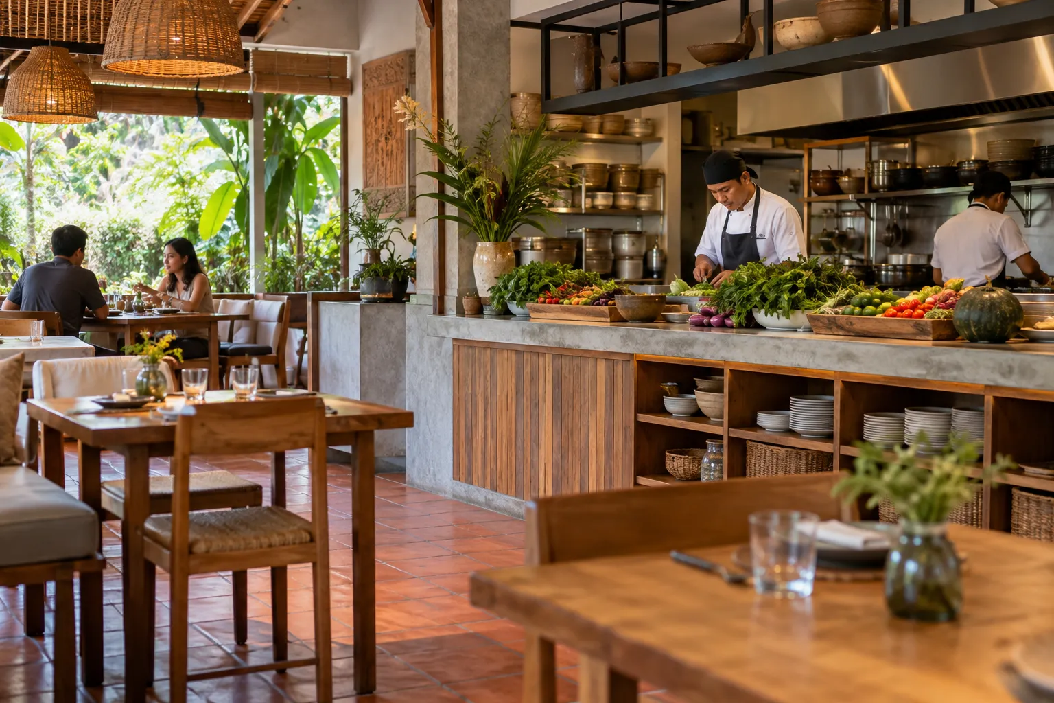 Restoran dengan dapur terbuka dan suasana khas