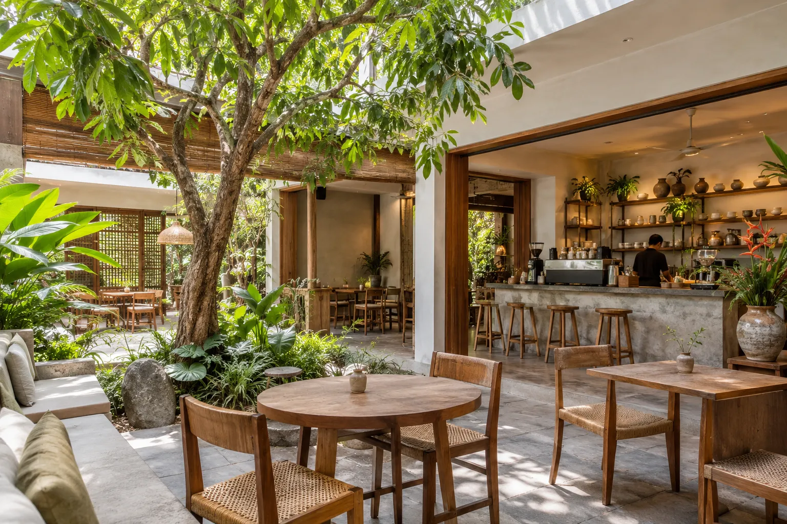 Area makan restoran dengan karakter desain yang kuat