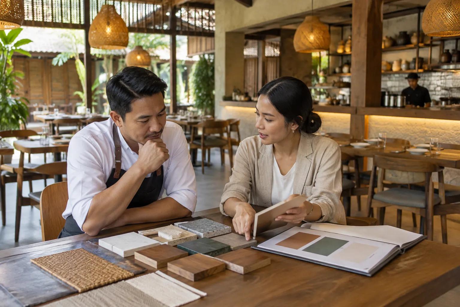 Dua orang merencanakan konsep ruang restoran
