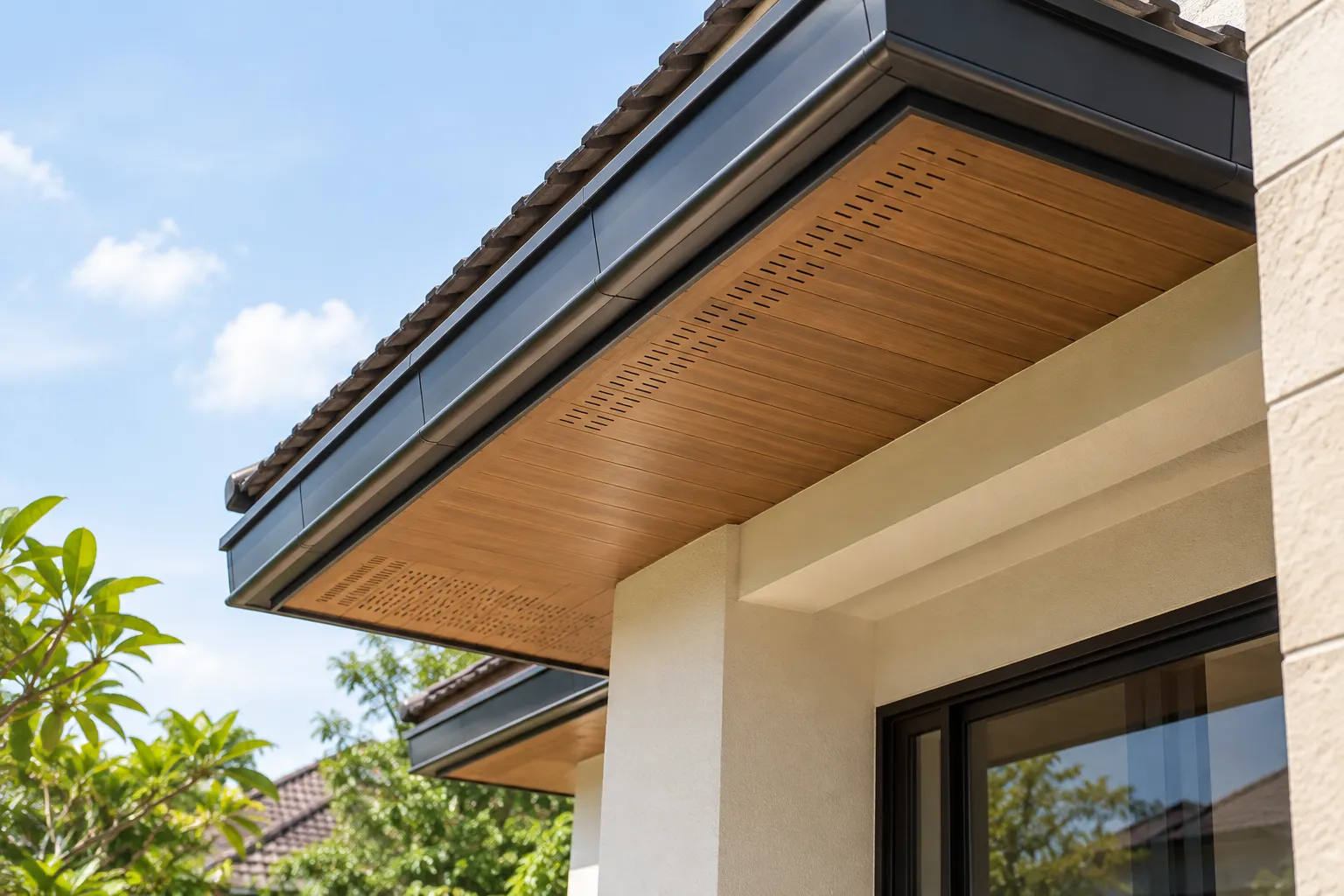Detail soffit berventilasi di bawah tepi atap