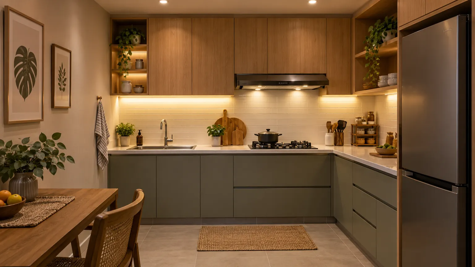 Dapur tanpa jendela dengan pencahayaan buatan dan cooker hood