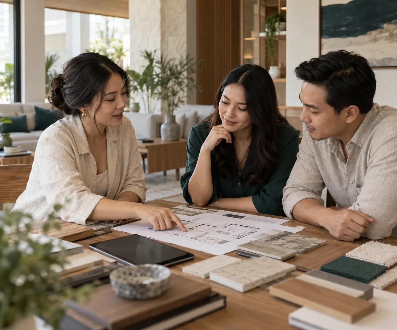 Desainer interior berdiskusi dengan klien mengenai denah dan pilihan material.