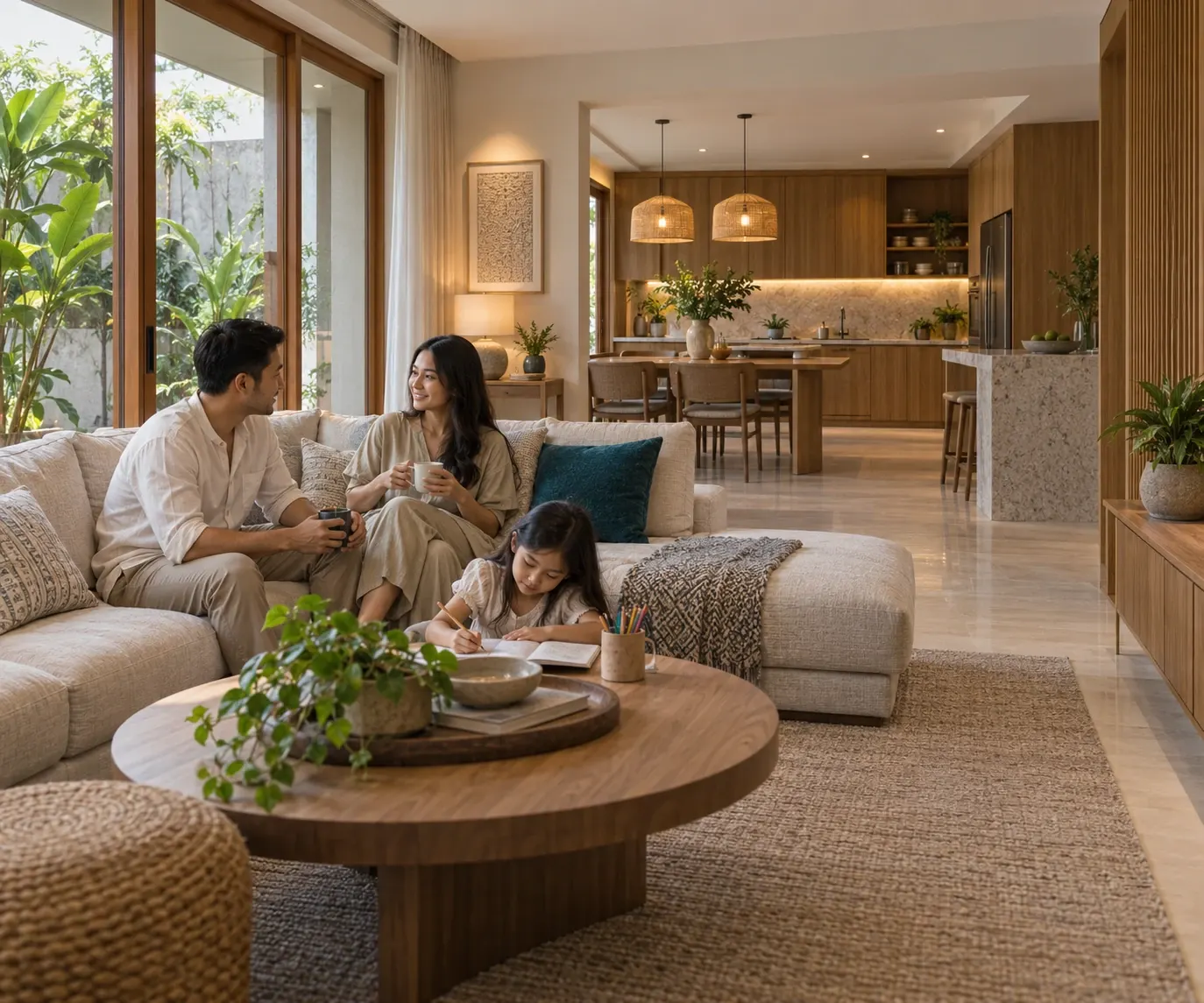 Keluarga menikmati ruang keluarga, ruang makan, dan dapur yang dirancang secara terpadu.