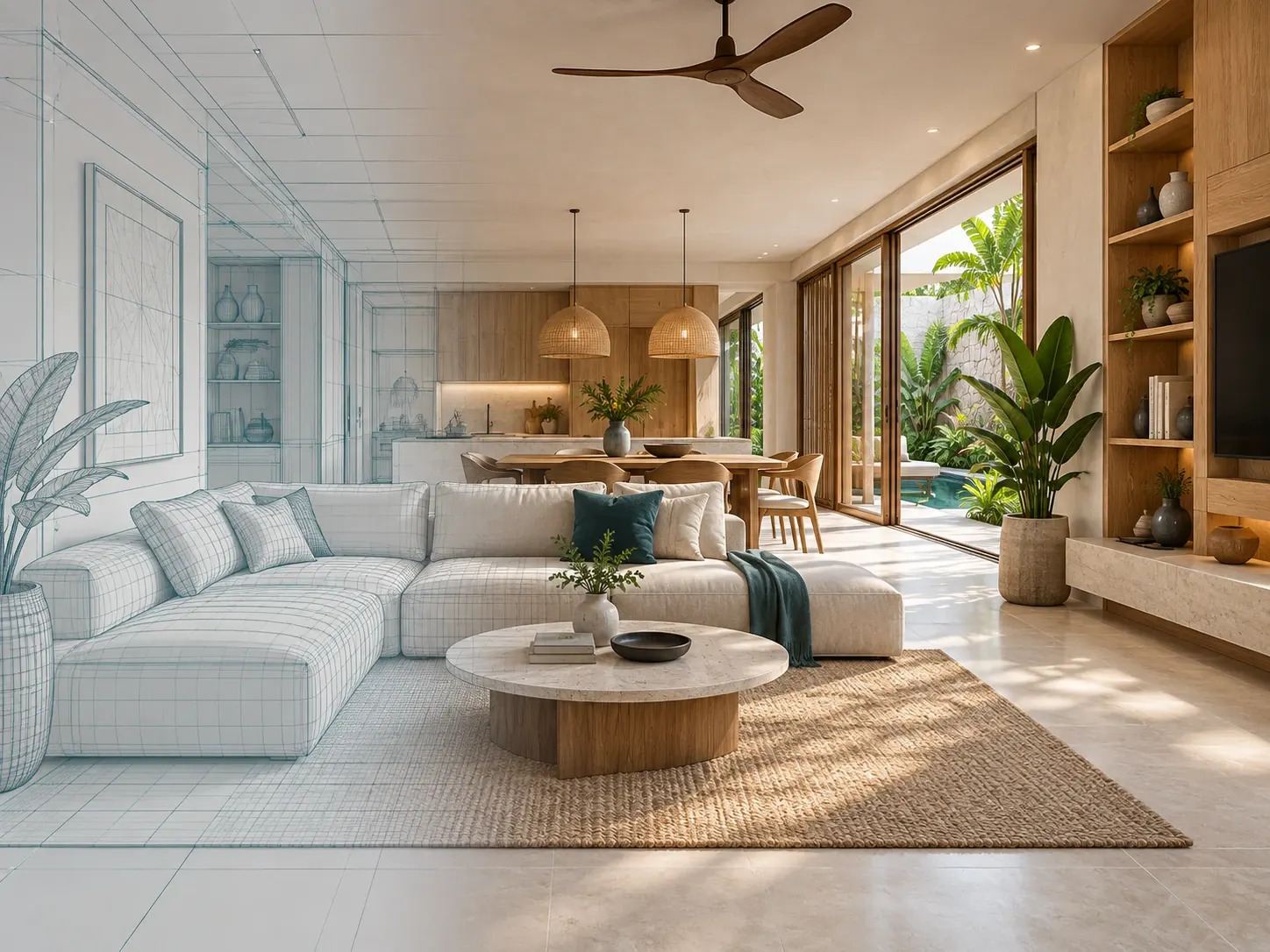 Contoh visualisasi 3D interior dari model hingga hasil realistis